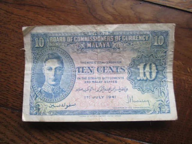 Malaya Straits Settlements Ten Cents Banknote 1941