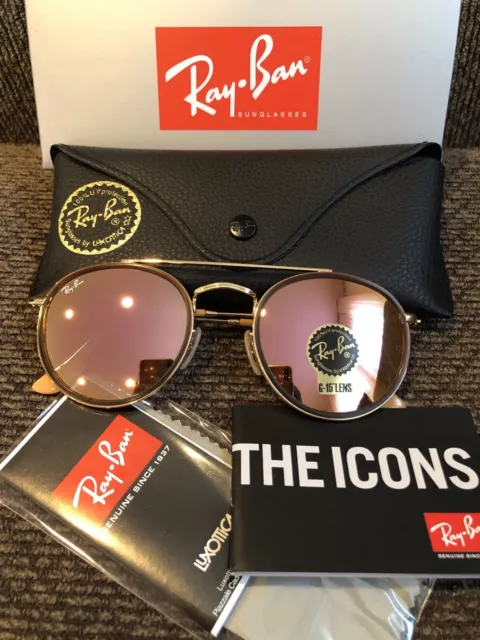 RAY-BAN ROUND DOUBLE Bridge RB3647N Gold Frame / Rose Gold Sunglasses ...