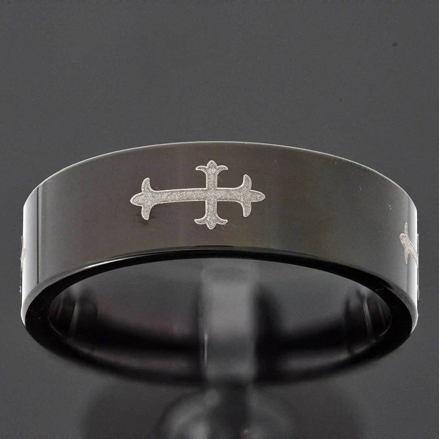 8mm Black Tungsten Religious Celtic Cross Flat Top Men Engagement Wedding Band
