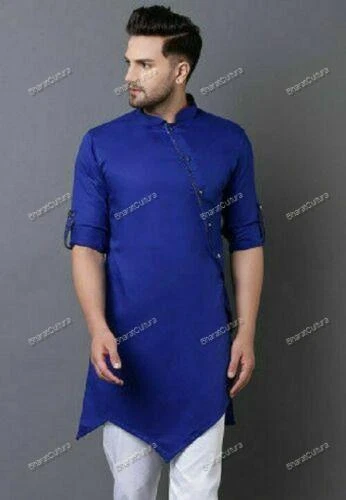 Mens Kurta Blue Kurta Men Traditional Shirt Solid Short Kurta Top Shirt Solid Ku