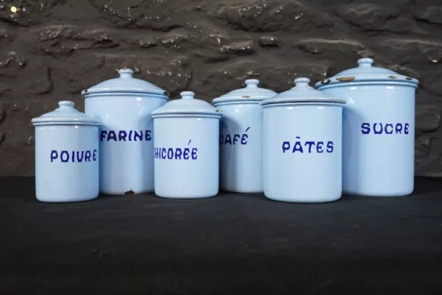 Set of Six Vintage French Graduated Blue Enamel Kitchen Storage Canisters