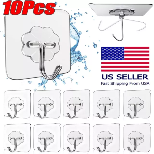 10 Pcs Adhesive Sticky Hooks Heavy Duty Wall Hooks Hangers Seamless Transparent