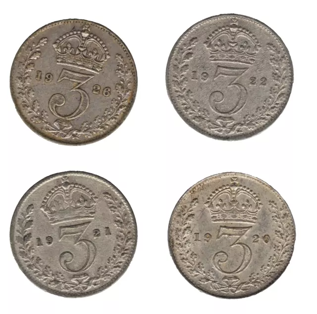 1920, 1921, 1922 & 1926 George V Silver Threepence Coins x4