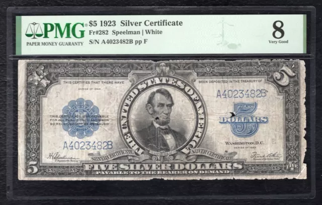 Fr. 282 1923 $5 Five Dollars “Porthole” Silver Certificate Note Pmg Very Good-8