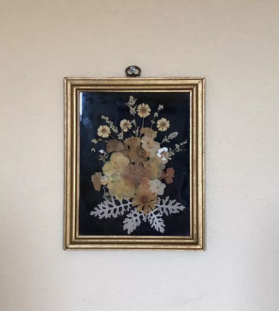 Beautiful Dried Pressed Flower Wall Art Golden Wood Frame Signed & Dated 1980