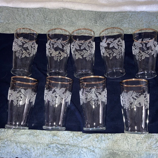 VTG Bartlett Collins Frosted Grape Vine Gold Trim 8 Oz Tumbler Straight Set of 9