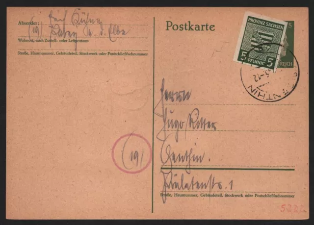 B12986 SBZ Brief Provinz Sachsen 1945 68 EF Genthin Überklebung Hitler Ganzsache