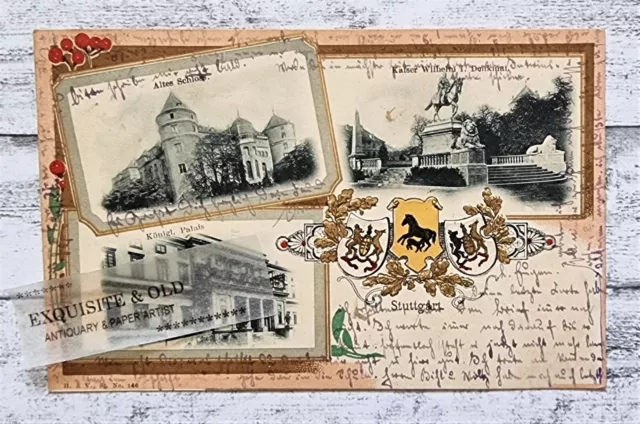 AK Stuttgart Schloss Denkmal Königl. Palais Wappen Prägedruck Postkarte Vintage