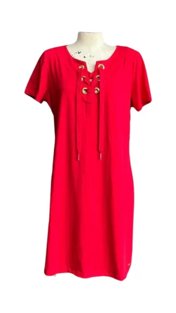 Calvin Klein Womens Red Knit T-Shirt Dress with Gold Grommets Sz S New