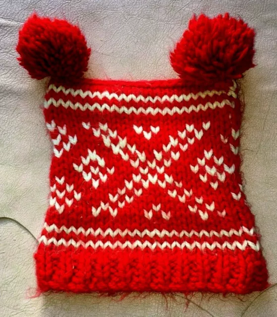 Knit Winter Hat Red & White, Snow Angle Print & Pom Poms RARE FIND Vintage