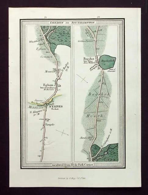 MIDDLESEX, STAINES, SURREY, EGHAM, BAGSHOT original antique road map, MOGG, 1817