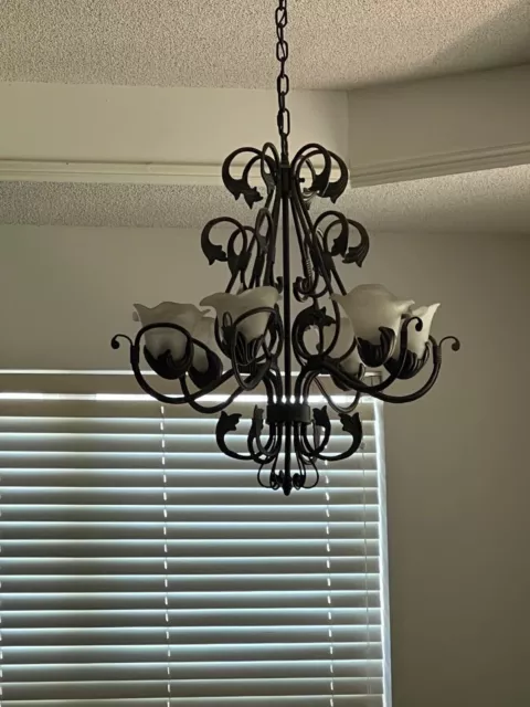 Vintage Hand Wrought Iron Chandelier 6 Bulb Late 20Th Century Gothic Chain