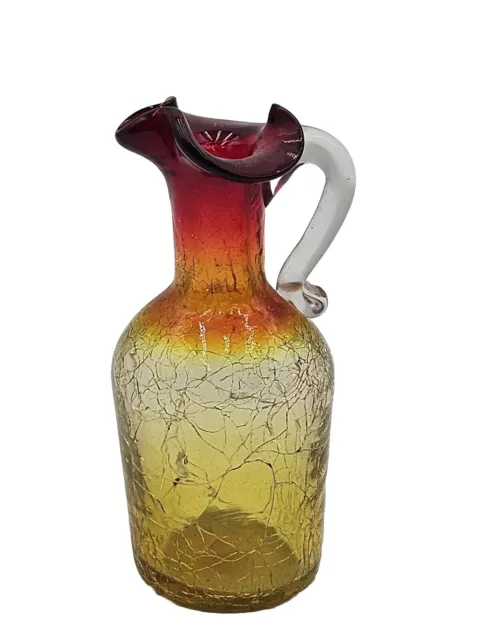 Vintage Amberina Hand Blown Crackle Glass Pitcher Red Yellow Orange 5" Tall