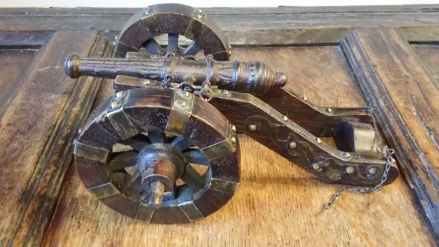 Large Vintage Model Cannon Gun - Wood Brass Cast Iron - Spanish