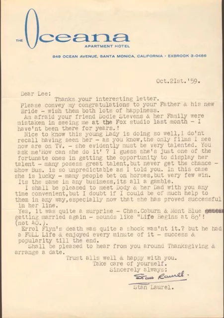 Laurel & Hardy (Stan Laurel) - Typed Letter Signed 10/21/1959