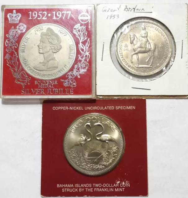 3 - Copper Nickel Crowns as Shown (2- UK Crowns & 1- Bahama $2)     (941)