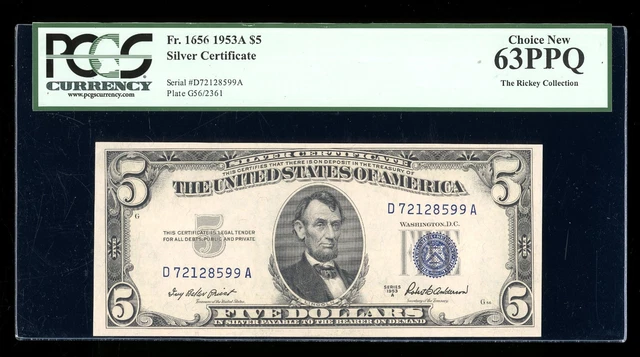 DBR 1953-A $5 Silver Fr. 1656 DA Block PCGS 63 PPQ Serial D72128599A