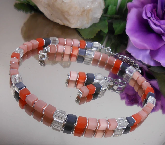 2er Set Halskette / Collier + Ohrringe Cat Eye Würfel Apricot Orange Grau