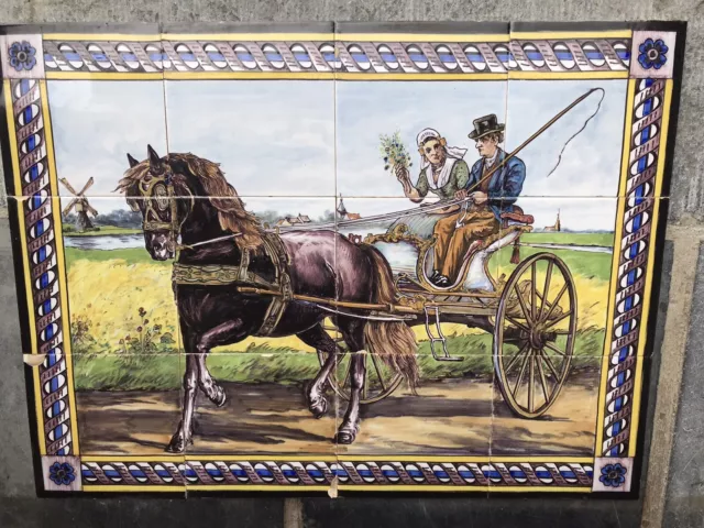 antikes Fliesenbild  Tableau Delft tile Kachel Fliese Pferd Kutsche Sjees