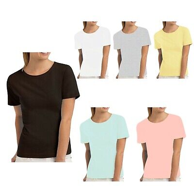 Ladies Womens Plain Crew Neck Stretchy Short Sleeve Cotton T-Shirt * 6 Colours *