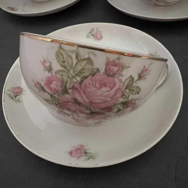 Juego de 3 rosas rosas rosadas y tazas de té vintage de Baviera