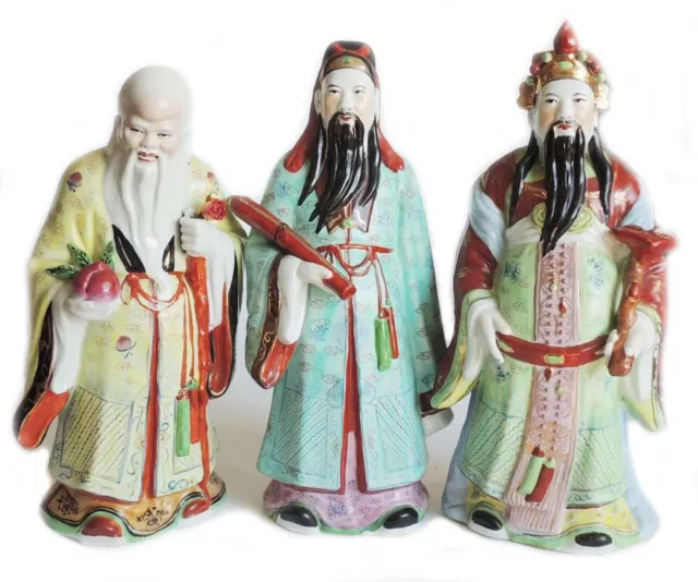 Vintage 3 Chinese Sanxing God Colorful Porcelain Figurines Wise Men Fu Lu Shou