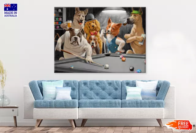 Dogs Playing Pool Art Painting Wall Canvas Home Decor Australian Made Quality