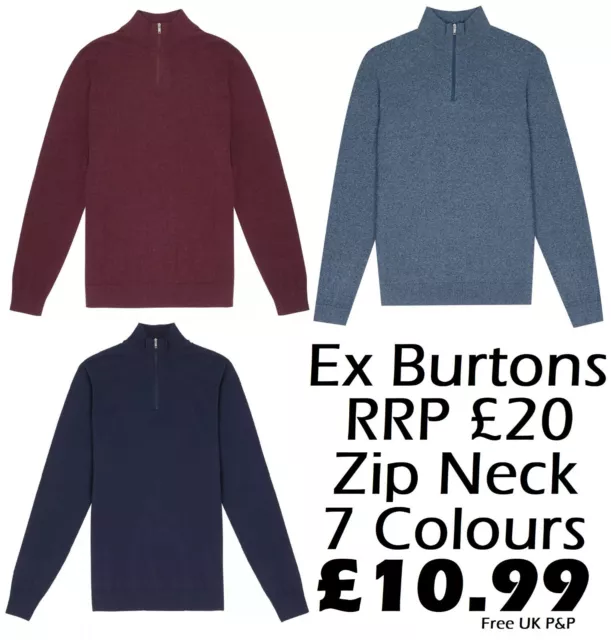 Mens Jumper Ex Burton Zip Neck Fine Cotton Knit Wear Xs-Xxxl Rrp £20 Brand New