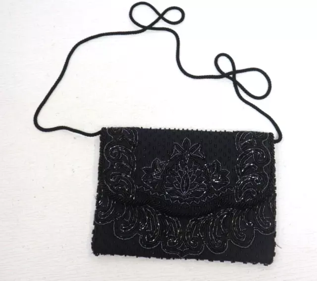 Black Fully Beaded Eveing Bag Purse - Clutch - Shoulder Bag - With Mirror