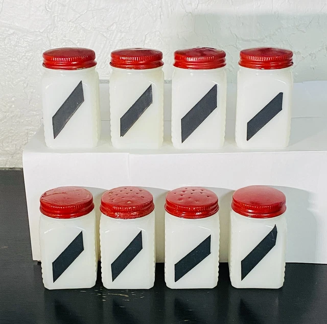 MILK GLASS SPICE JARS Set of 8 Red Tin Lids Vintage Depression Era MILK GLASS SPICE JARS Set of 8 Red Tin Lids Vintage Depression Era