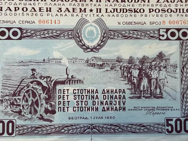 YUGOSLAVIA 500 Dinara 1950 aXF, 2nd National Loan, tractor horses,wheat, BOND 2