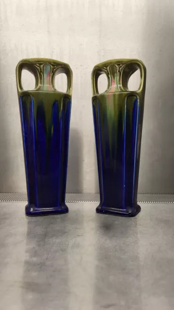 Paire de Grands Vases bleus Art Nouveau Barbotine ORCHIES