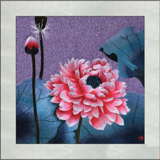 Exquisite Chinese SuZhou  Handmade Embroidery Art Painting The Lotus Flower