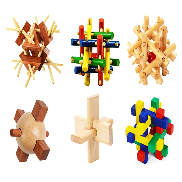 IQ Brain Teaser Kong Ming Lock 3D Wooden Interlocking Puzzles Magic Game Toy Kid