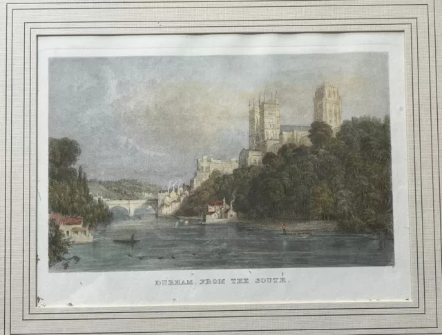 Vintage Coloured Engraving “DURHAM FROM THE SOUTH” Small Cathedral View-River