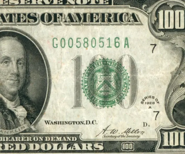 ((SIX DIGIT)) $100 1928 A ((DARK GREEN SEAL)) Federal Reserve Note **CURRENCY