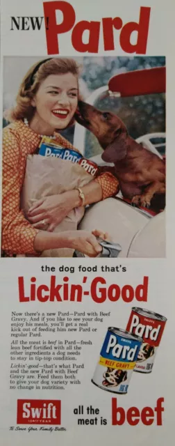 1959 Swifts Pard Dog Food Dachshund Dog Licking Woman's Face Cute Pet Print Ad