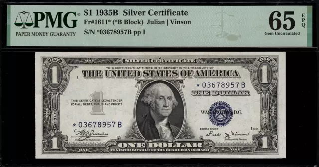 1935B $1 Silver Certificate FR-1611* - Star Note - Graded PMG 65 EPQ - Gem Unc.