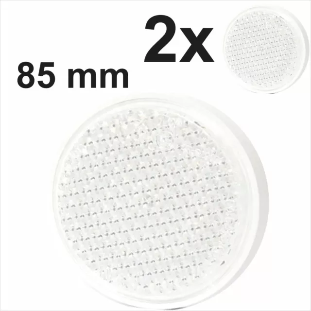 2x 85mm STICK ON Self-Adhesive Front White Round Circular Trailer Reflectors