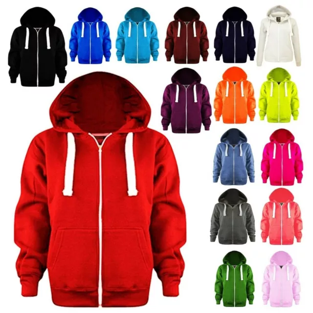 Girls Boys Unisex Plain Colour Zip Up Hoodie Hooded Sweatshirt Kids Zipper Hood