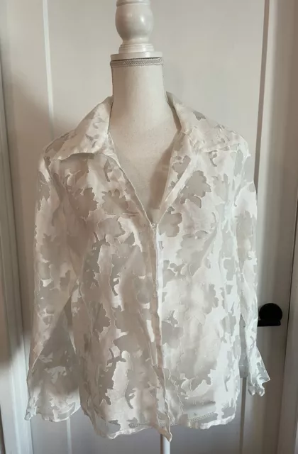 Women’s Luna Luz White Sheer Floral Open Front Blouse Top Size L