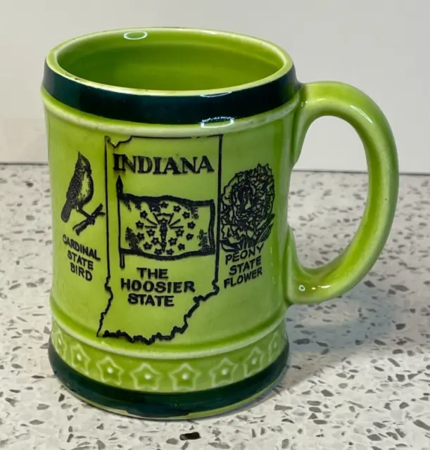 Vintage Green Indiana State Ceramic Souvenir Coffee Mug-Hoosier, Cardinal, Peony