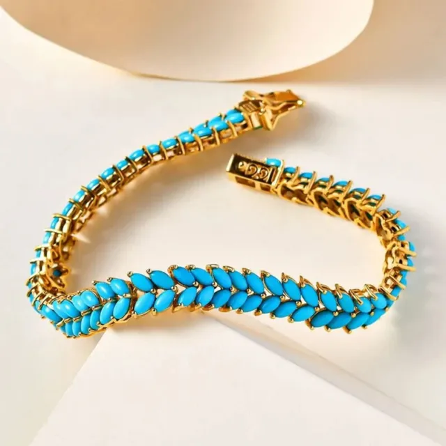 Marquise Sleeping Beauty Turquoise Bracelet in 18K Yellow Gold Over 7.5" For Her