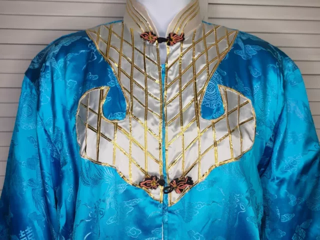 Vtg Silk Turquoise Kimono Robe House Jacket Peacock Print Lined Asian Sz: S/M?