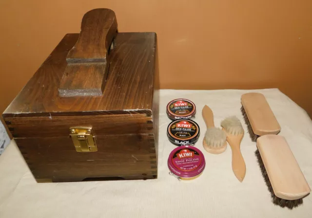 Vintage Wooden Hand Crafted Wood Shoe Shine Box Kiwi Polishes Brushes