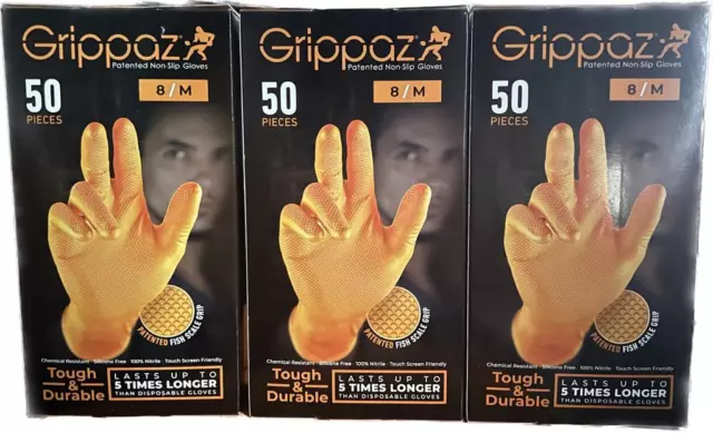 3 x Grippaz Semi-Disposable, Orange Fish Scale Grip Nitrile Gloves, 3 x 50 Glove