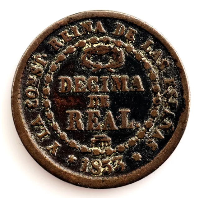 Spain-Isabel II. Decima de Real. 1853 Segovia. Cobre 3,8 g. Bonita