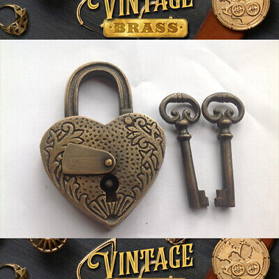 Vintage Ornate Love Carve PADLOCK Solid Brass Antique Key Working Lock Repro