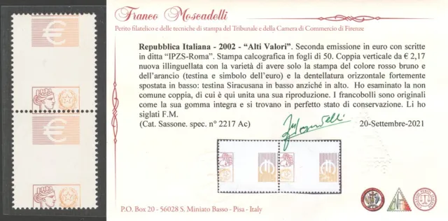 ITALIA  Varietà  2002  Varieta  alti valori    cert. Moscadelli