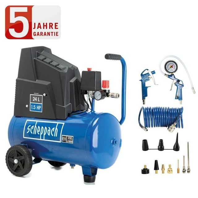Compresseur Silencieux Scheppach HC08Si 8 Bars | Cuve 6 L, 1100 W, Sans Huile | Débit 162 L/min | Avec 14 Accessoires | Pour Bricolage Et Garage